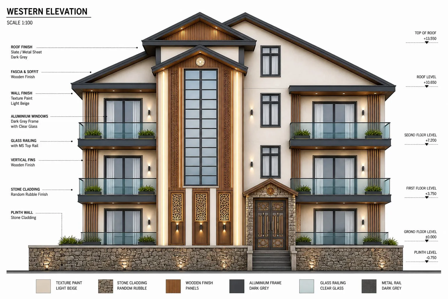 Detailed residential elevation and material palette